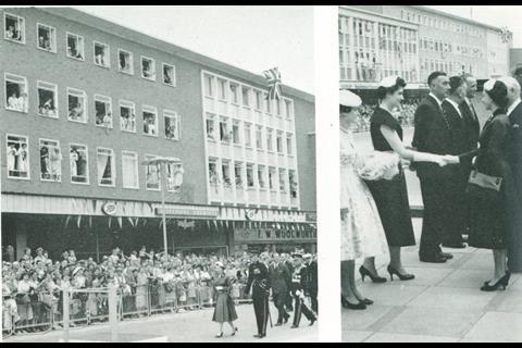 Queen Elizabeth II visits the new town of Crawley in 1958. She is greeted by three retail assistants working in the town, including Miss D Jackson from Boots’ 1461 branch. Boots presented a cased brush and comb set for her son, Prince Charles